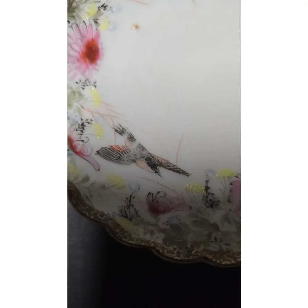 Vintage Unmarked Porcelain Plate Birds Pink Floral Gold Trim Scalloped Edge